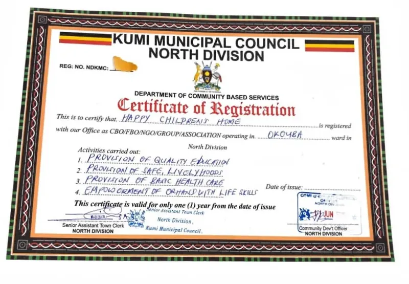 Official Community-Based Organisation Registration Certificate of Happy Children's Home in Kumi District, Uganda